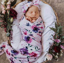 Load image into Gallery viewer, Floral Kiss / Baby Jersey Wrap &amp; Topknot Set

