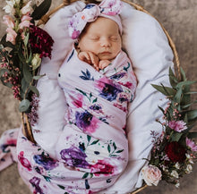 Load image into Gallery viewer, Floral Kiss / Baby Jersey Wrap & Topknot Set