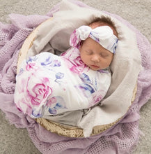 Load image into Gallery viewer, Lilac Skies / Baby Jersey Wrap & Topknot Set