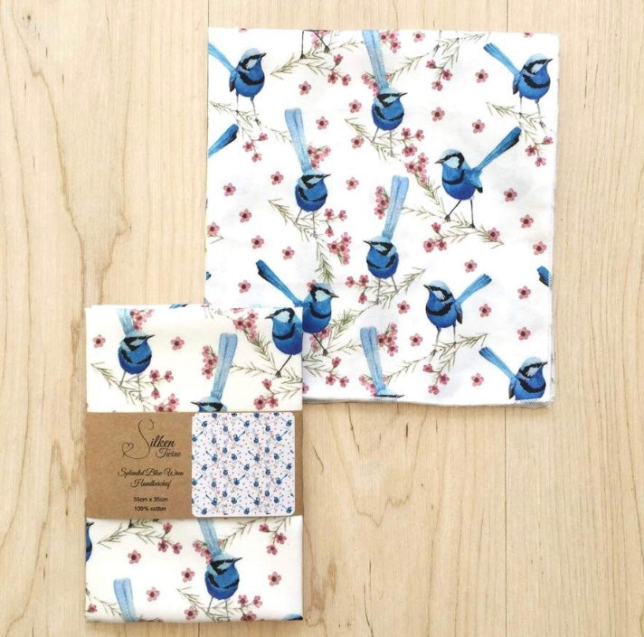 Single Blue Wren Mini's Handkerchief / White
