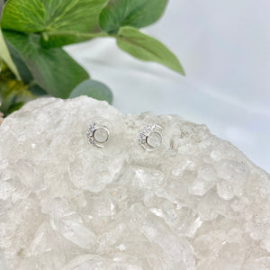 Luna Sterling Silver Crescent Moon Moonstone / White Topaz Stud Earrings