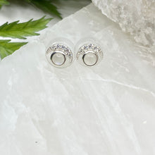 Load image into Gallery viewer, Luna Sterling Silver Crescent Moon Moonstone / White Topaz Stud Earrings
