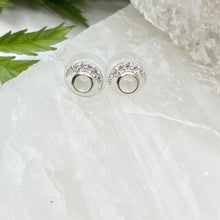Load image into Gallery viewer, Luna Sterling Silver Crescent Moon Moonstone / White Topaz Stud Earrings