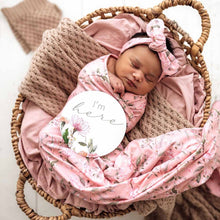 Load image into Gallery viewer, Pink Wattle / Baby Jersey Wrap & Topknot Set