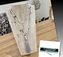 Load image into Gallery viewer, White Howlite / 108 Mala Bead Tassel Necklace