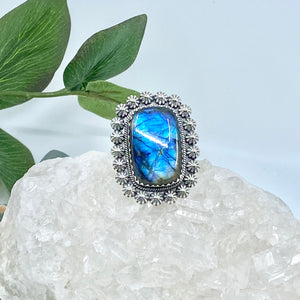 Aurora Sterling Silver Bohemian Labradorite Ring / X-Large Adjustable