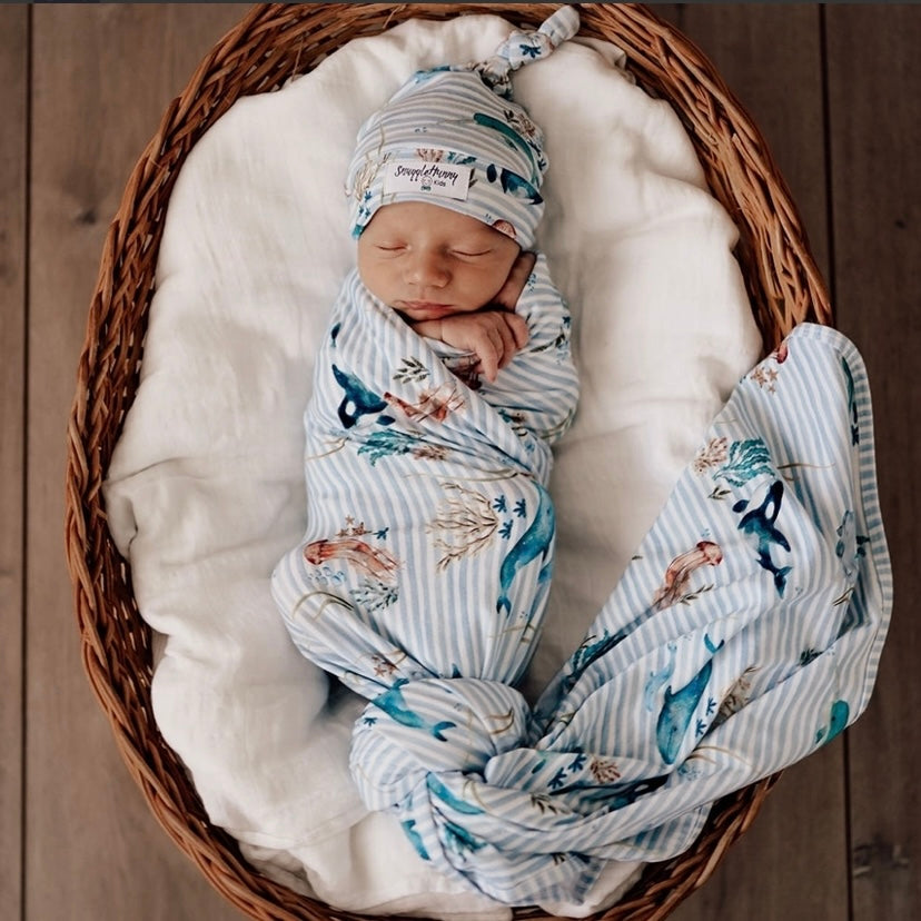 Whale / Baby Jersey Wrap & Beanie Set